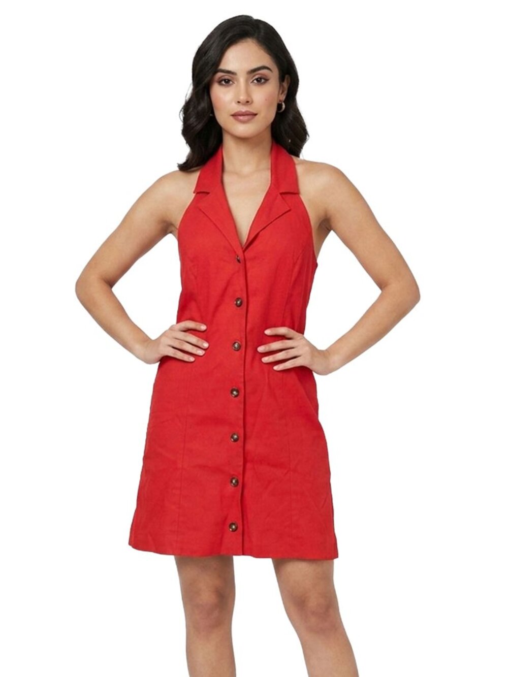 NWT Monteau Los Angeles Red Linen Blend Button Front Halter Mini Dress Medium